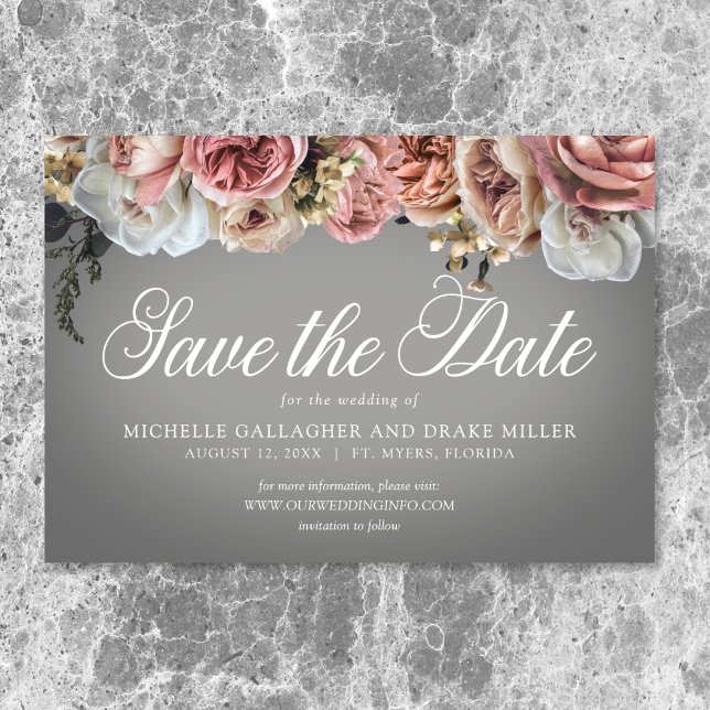 Elegant Rosa White Blommigt Ro Grått Bröllop Spara Datumet (Elegant Pink White Floral Roses Gray Wedding Save The Date)