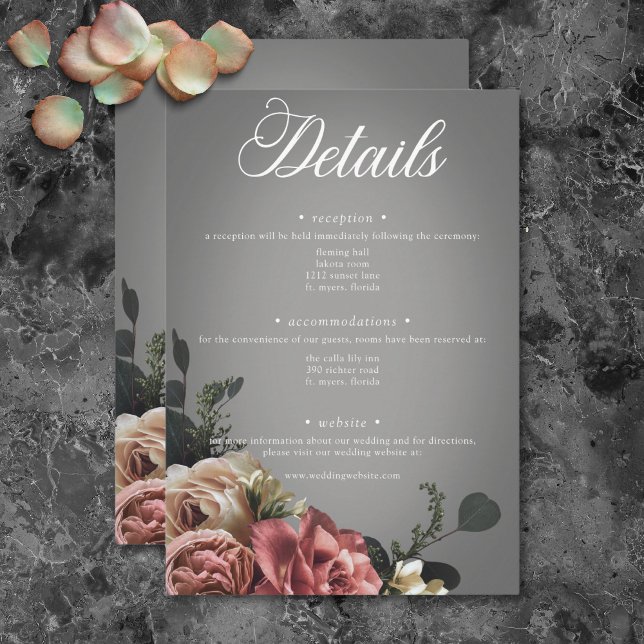 Elegant Rosa White Blommigt Ro Grått Bröllop Tilläggskort (Elegant Pink White Floral Roses Gray Wedding Enclosure Card)