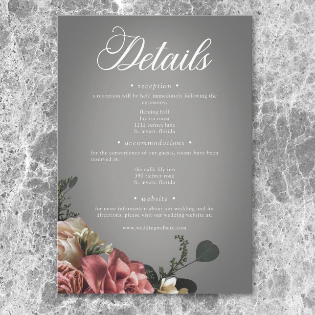 Elegant Rosa White Blommigt Ro Grått Bröllop Tilläggskort (Elegant Pink White Floral Roses Gray Wedding Enclosure Card)