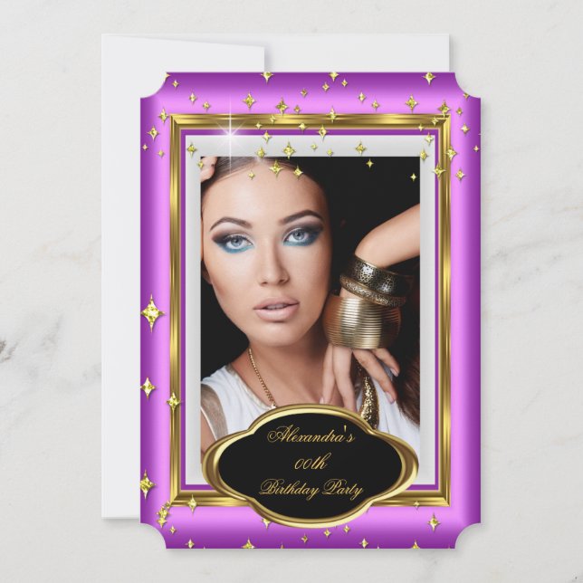 Elegant Rosa White Guld Photo Födelsedagsfest 3 Inbjudningar (Framsida)