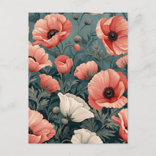 Elegant Rosa White Red Poppies Mörk Löv Blommigt Helg Vykort