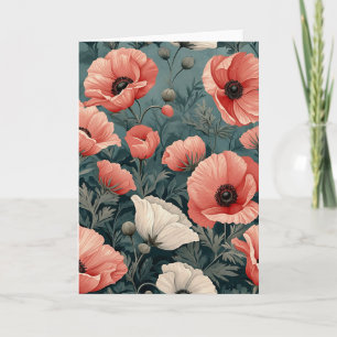 Elegant Rosa White Red Poppies Mörk Löv Blommigt Kort