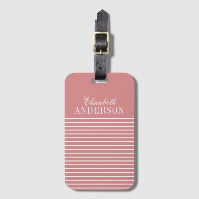Elegant Rosa White Stripe Monogram-skript Bagagebricka (Framsida vertikal)