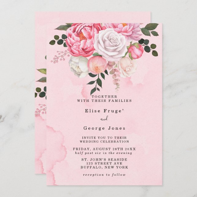 Elegant Rosa White Watercolor Blommigt Bröllop Inbjudningar (Fram/baksida)