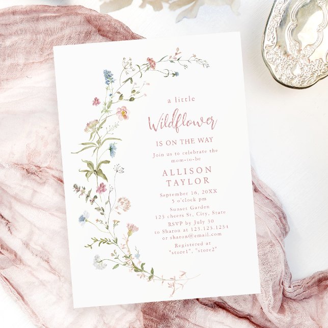 Elegant Rosa Wildblomma Rustic Boho Baby Shower Inbjudningar (Elegant Pink Wildflower Rustic Boho Baby Shower Invitation)