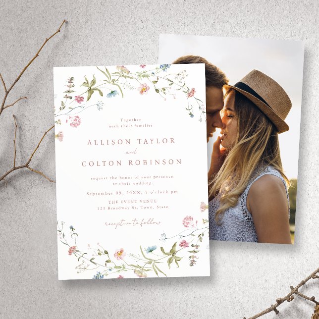 Elegant Rosa Wildblomma Rustic Boho Bröllop Photo Inbjudningar (Elegant Pink Wildflower Rustic Boho Wedding Photo Invitation)