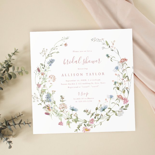 Elegant Rosa Wildblomma Rustic Boho Möhippa Inbjudningar (Elegant Pink Wildflower Rustic Boho Bridal Shower Invitation)
