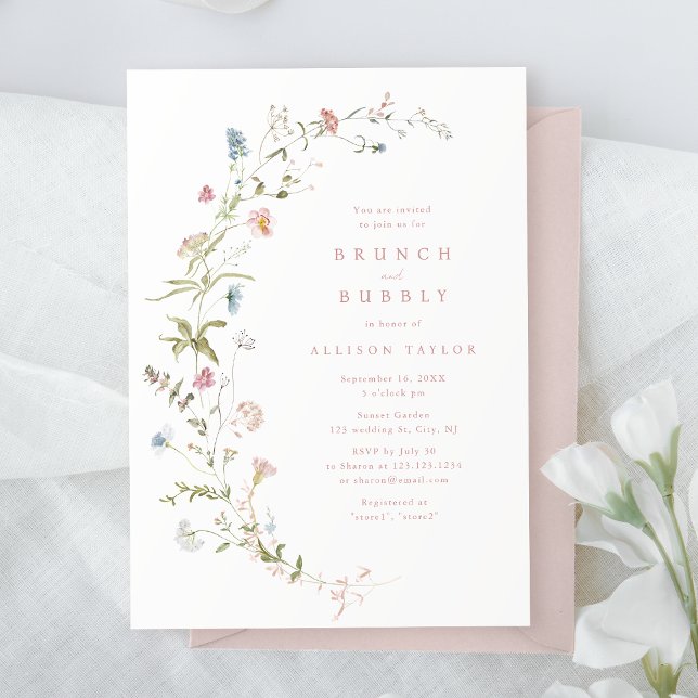 Elegant Rosa Wildblomma Rustic Boho Möhippa Inbjudningar (Elegant Pink Wildflower Rustic Boho Bridal Shower Invitation)