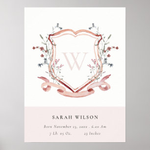 Elegant Rosa Wildblomme Vapensköld Monogram Birth Poster