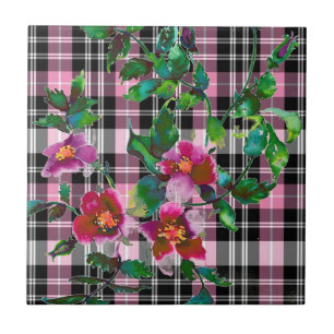 Elegant rosa wildblommor rosa Black plaid Kakelplatta