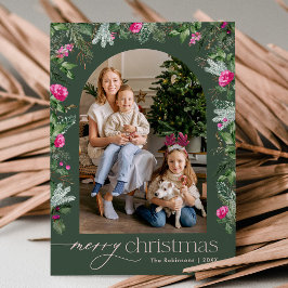 Elegant Rosa Winter Greenery Arch-julfoto Julkort