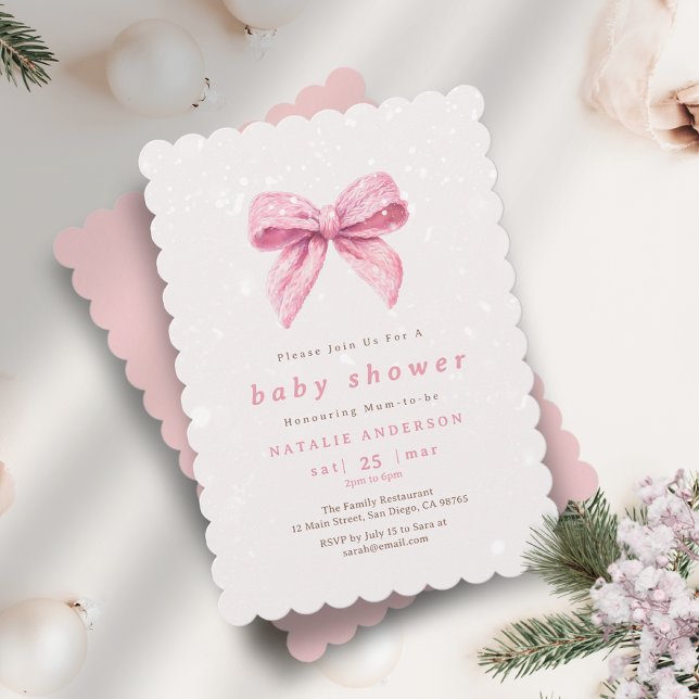 Elegant Rosa Winter Snö Coquette Baby Shower Inbjudningar (Elegant Pink Winter Snow Coquette Baby Shower Invitation)