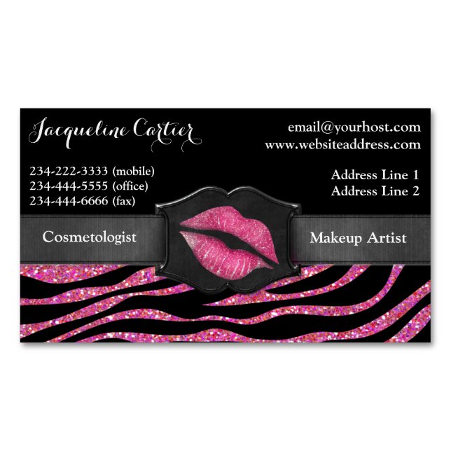 Elegant Rosa Zebra Glitter Kiss Cosmetolog Visitkortmagnet (Framsida)