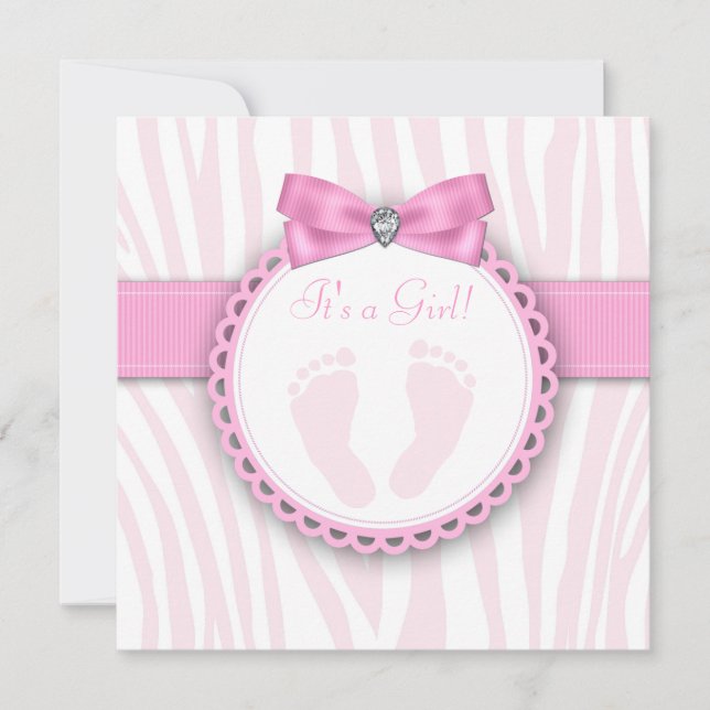 Elegant Rosa Zebra Rosa Footprint Baby Shower Inbjudningar (Framsida)