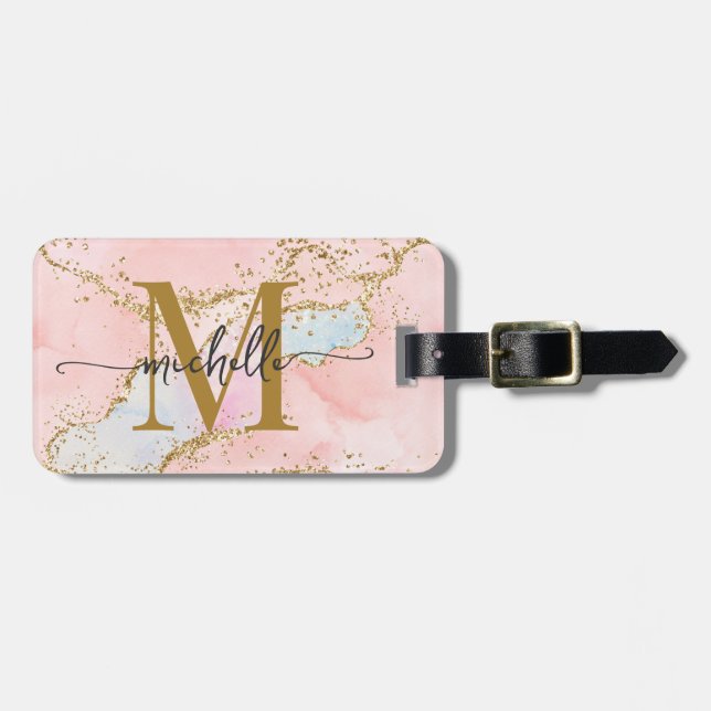 Elegant rosablommig agatmonogram initialt skrivsät bagagebricka (Horisontell Framsida)