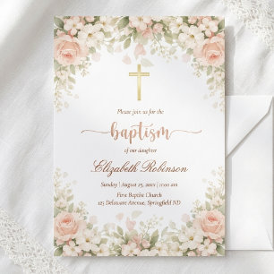Elegant rosablommig dop med guldkors inbjudningar