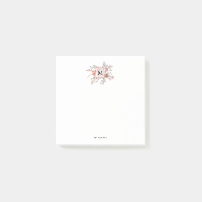 Elegant rosablommig monogram i pastellrosa post-it block (Framsida)