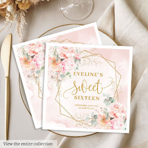 Elegant rosablommig och guld Sweet Sixteen Pappersservett