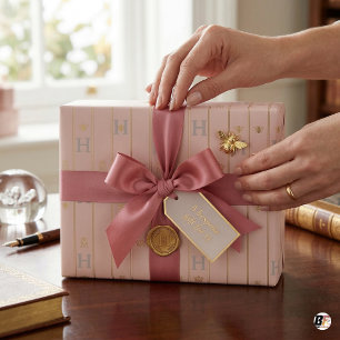 Elegant rosablommig rosa & guld randig initial H M Presentpapper