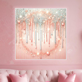 Elegant rosablommig rosa och silver glitter droppf canvastryck