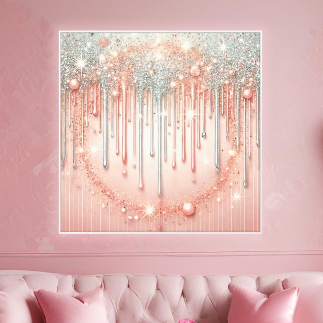 Elegant rosablommig rosa och silver glitter droppf canvastryck (A chic glam accent featuring blush tones and silver glitter for stylish interior decor.)