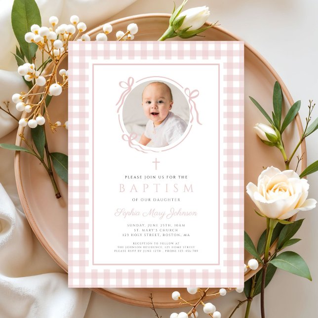 Elegant rosablommig rutig fotoflicka dop inbjudningar (Elegant Blush Pink GIngham Photo Girl Baptism Invitation)