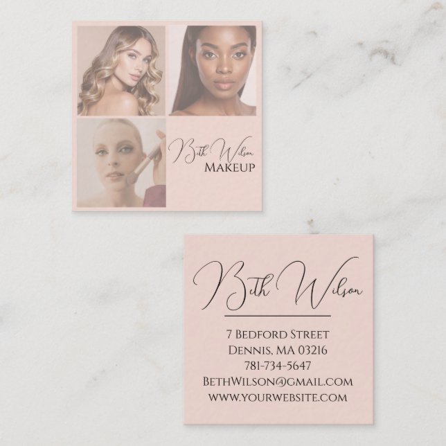 Elegant rosablommig svart Script 3 Foto Makeup Fyr Fyrkantigt Visitkort (Fram/baksida)