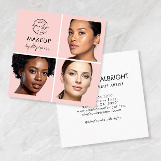 Elegant rosablommig svart Script 3 Foto Makeup Fyrkantigt Visitkort