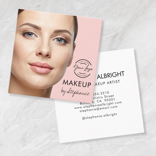 Elegant rosablommig svart script foto makeup fyrkantigt visitkort (Skapare uppladdad)