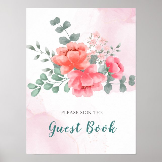 Elegant rosablommig vattenfärg gästbok Poster (Framsidan)