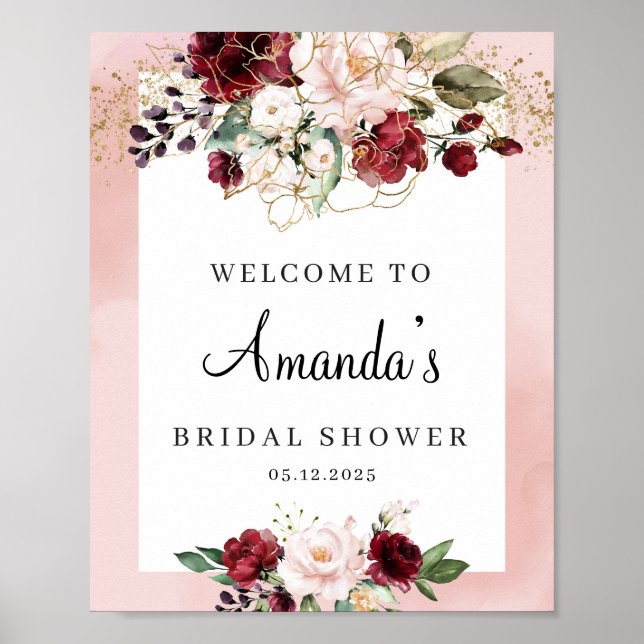 Elegant rosabränd burgunder boho blomster bröllops poster (Framsidan)