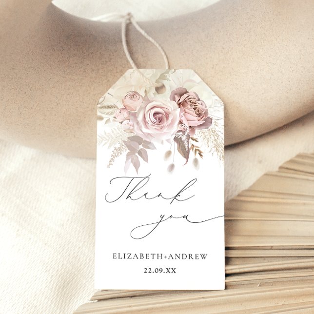 Elegant rosabränd dammros blomster tack presentetikett (Skapare uppladdad)