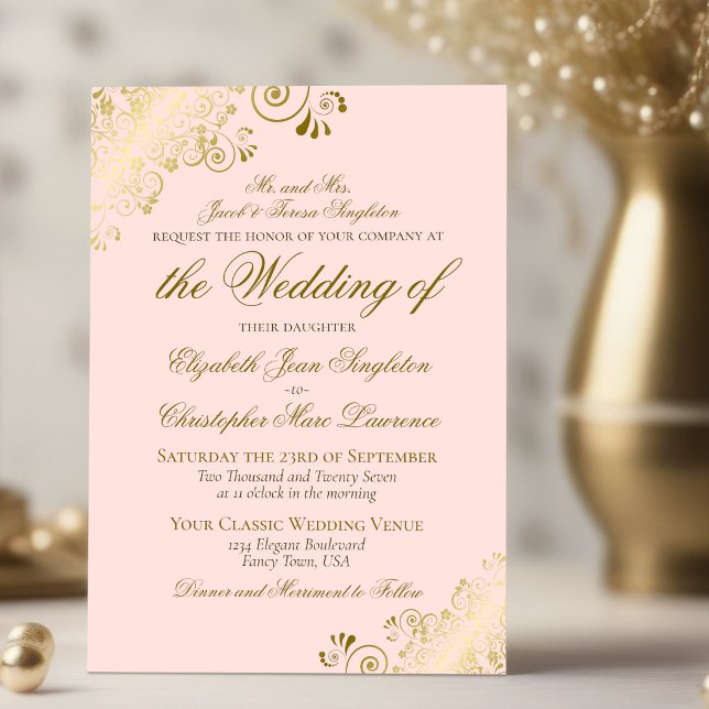 Elegant rosabränd & guld klassisk formell bröllops inbjudningar (Skapare uppladdad)