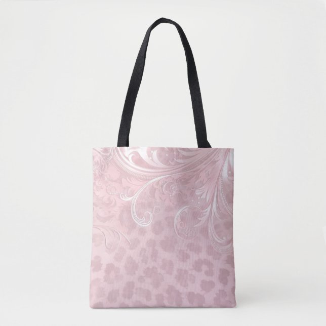 Elegant rosabränd Leopard & Silver Damask Slinga  Tygkasse (Framsida)