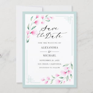 Elegant rosabränd skära mint vattenfärg blommande spara datumet