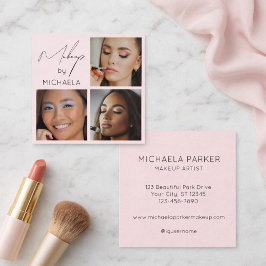 Elegant rosabränd svart Script 3 Foto Makeup Fyrkantigt Visitkort