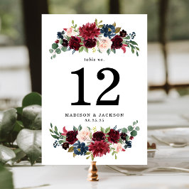 Elegant rosabrännvin och marinblå blomsterbröllop bordsnummer