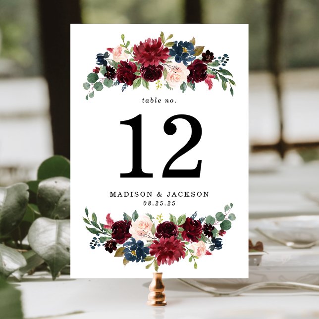 Elegant rosabrännvin och marinblå blomsterbröllop bordsnummer (Skapare uppladdad)