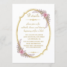 Elegant rosabröllopsdetaljer med guldram inbjudningar