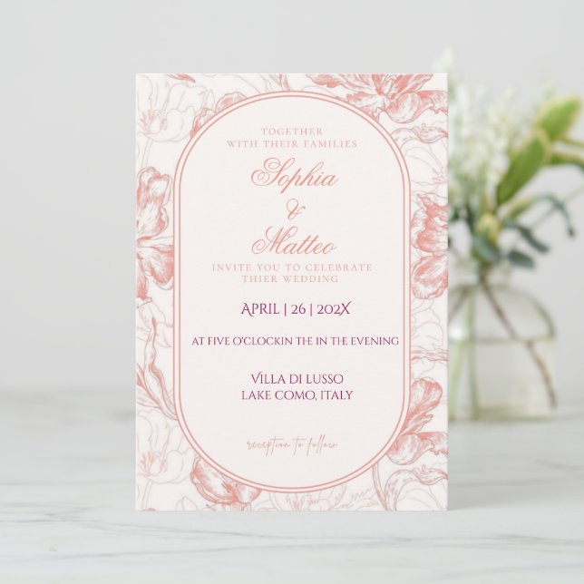 Elegant rosabröllopsinbjudan med blomsterbåge inbjudningar (Stående Fram)