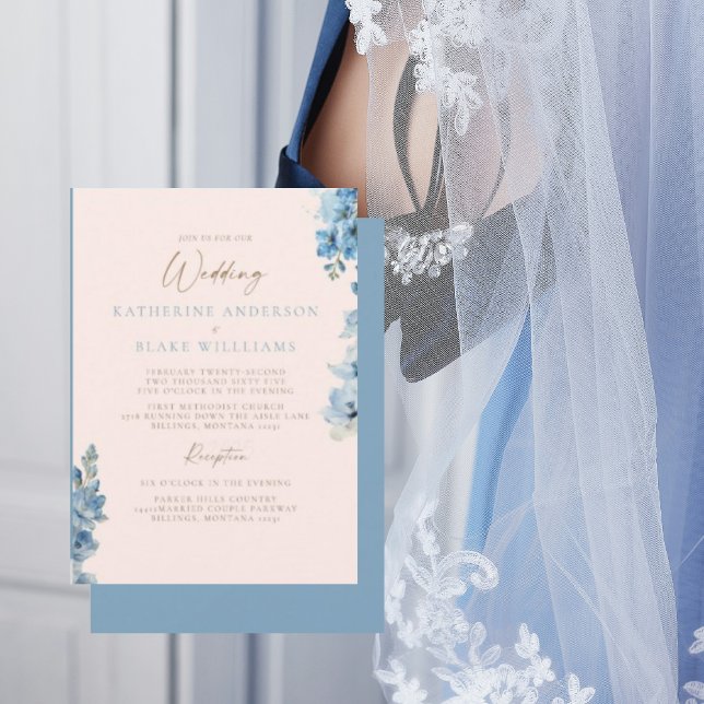 Elegant rosabruden & blå kyrkbröllopsinbjudan inbjudningar (Skapare uppladdad)