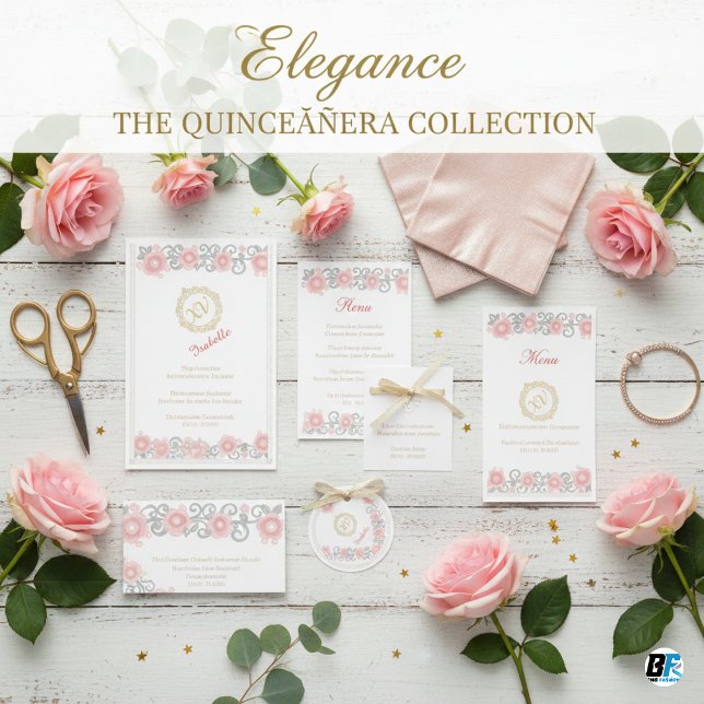 Elegant rosabruden blom- & guldmonogram Quinceañer Pappersservett (ELEGANT BIRTHDAY NAPKIN)