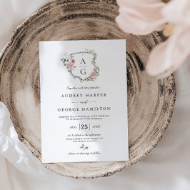 Elegant rosabruden blommig monogram vapen Bröllop Inbjudningar
