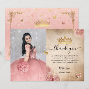 Elegant rosabruden ros och förgylld Quinceanera-fo Tack Kort