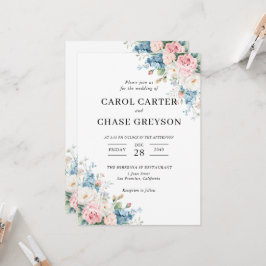 Elegant rosabruden Rosa & Blå Blommig Bröllop Inbjudningar
