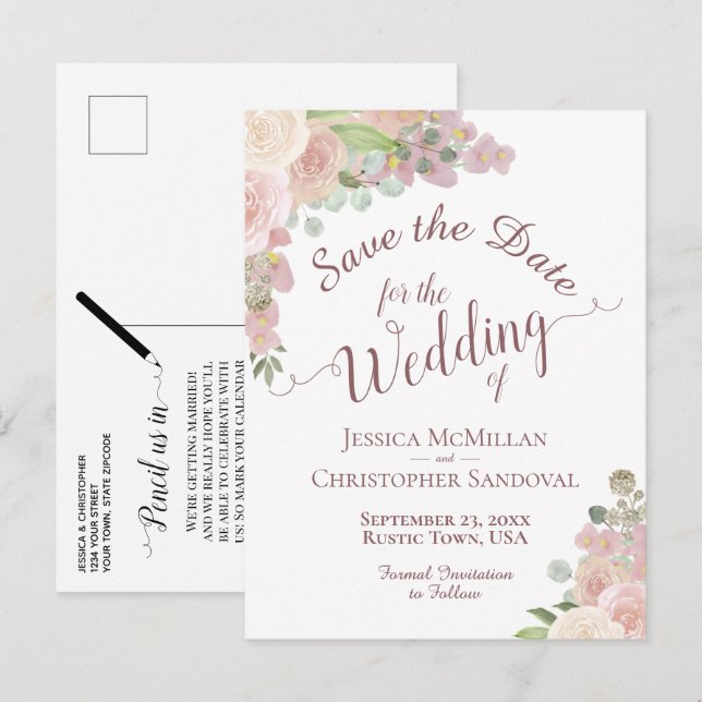 Elegant rosabruden Save the Date Meddelande Vykort (Fram/baksida)