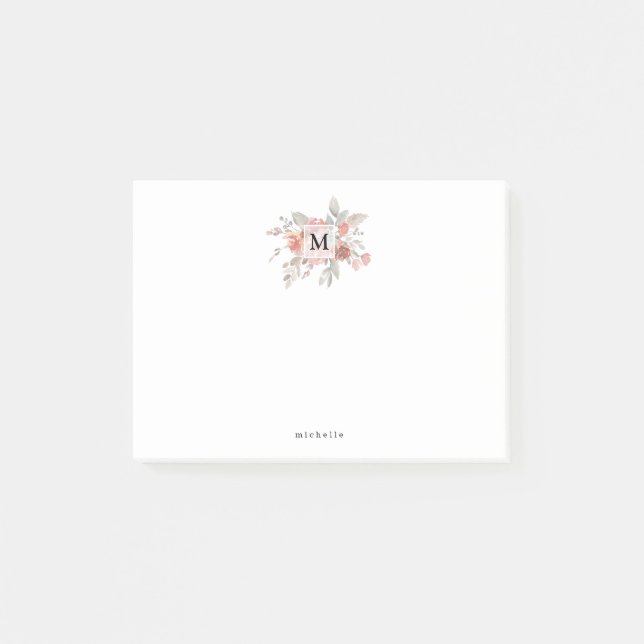 Elegant rosabruksblommig monogram post-it block (Framsida)