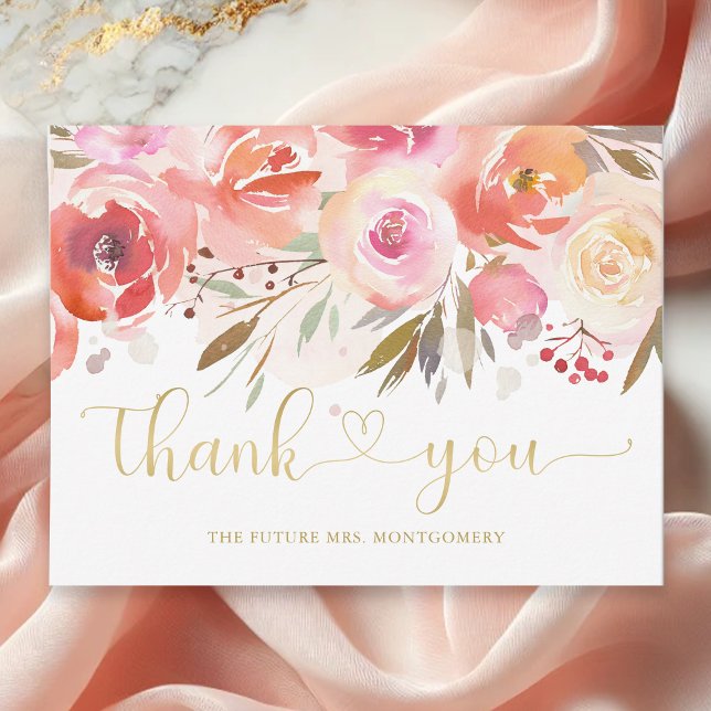 Elegant rosabruna blomsterbröllopsfest tack vykort (Elegant Blush Pink Rose Floral Bridal Shower Thank You Card)