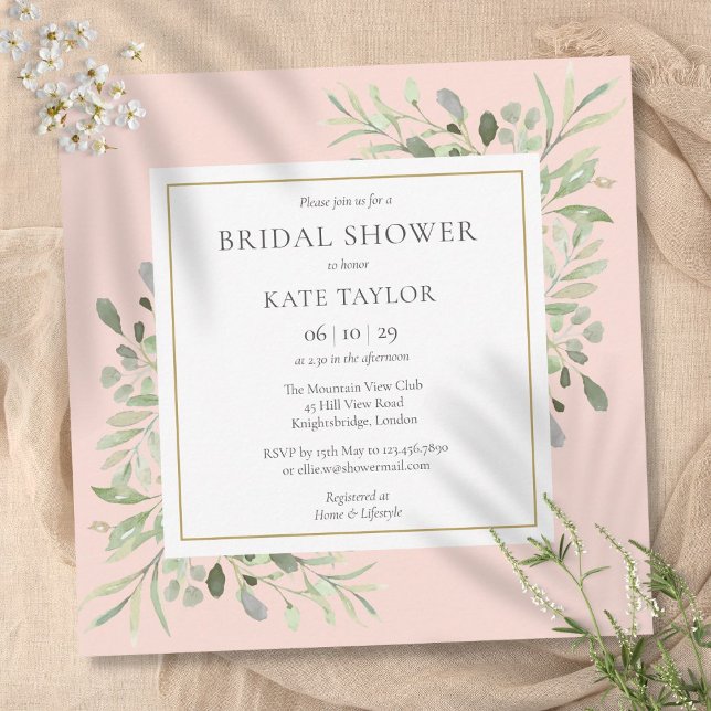 Elegant rosabrunt bröllopsduschgrönt inbjudningar (Elegant Blush Pink Greenery Bridal Shower Invitation)