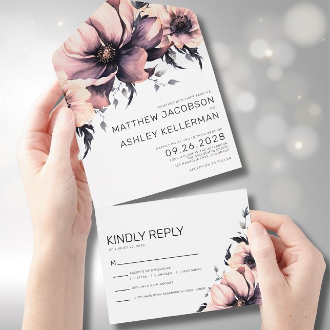 Elegant rosabruten blomster  (Simple Modern Boho Floral Pink Wedding All in One Invitation)